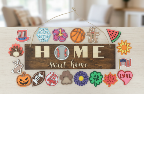 Home Sweet Home Interchangeable Seasonal Door Sign – 19 Decorative Icons Set