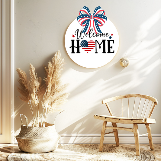 4th of July Welcome Home Door Sign – Patriotic Red, White & Blue Porch Decor