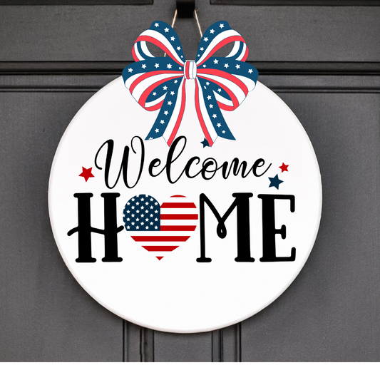 4th of July Welcome Home Door Sign – Patriotic Red, White & Blue Porch Decor