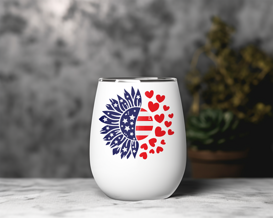 Patriotic Sunflower Wine Glass - American Flag & Hearts Design