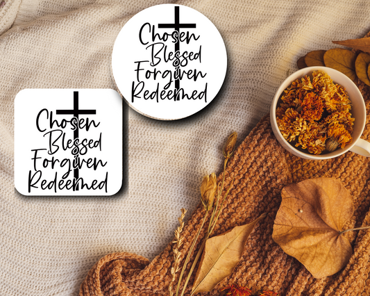 Chosen Blessed Forgiven Redeemed Coaster – Christian Faith-Based Home Decor | Inspirational Drink Coaster