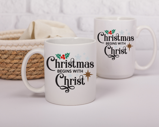 Christmas Begins with Christ Mug – Christian Holiday Mug – Faith-Based Christmas Gift