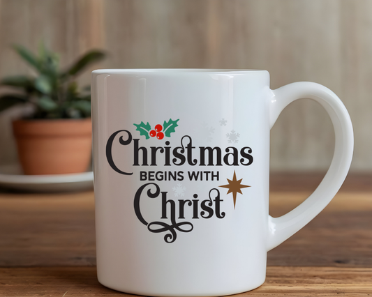 Christmas Begins with Christ Mug – Christian Holiday Mug – Faith-Based Christmas Gift
