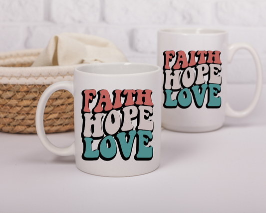 Retro Faith Hope Love Mug – Inspirational Sublimated Ceramic Cup – 11 oz & 15 oz