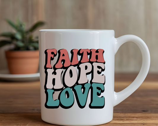 Retro Faith Hope Love Mug – Inspirational Sublimated Ceramic Cup – 11 oz & 15 oz