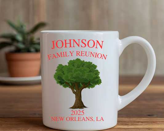 Custom Family Reunion Mug – Tree Design with Name, Year & Location – Sublimated Keepsake