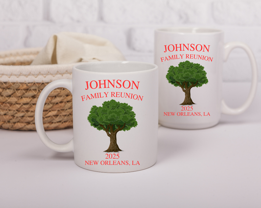 Custom Family Reunion Mug – Tree Design with Name, Year & Location – Sublimated Keepsake