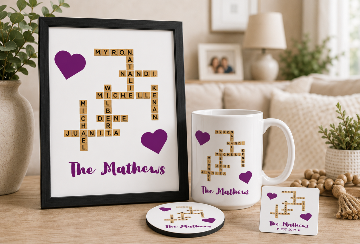 Family Gathering Bundle – Personalized Family Wall Art, Mug, Coaster & Magnet Gift Set