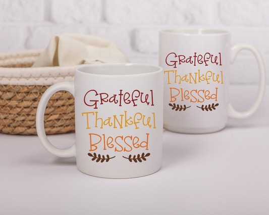Grateful, Thankful, Blessed Autumn Mug - Fall Colors - Sublimated Ceramic Mug