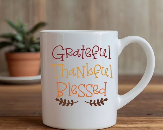 Grateful, Thankful, Blessed Autumn Mug - Fall Colors - Sublimated Ceramic Mug