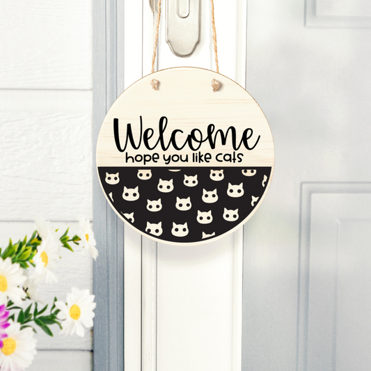Welcome Hope You Like Cats Door Sign – Pet Lover Entryway Decor – Cat-Themed Welcome Sign