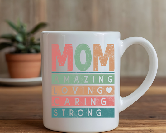 Colorful MOM Stripe Mug – Amazing Loving Caring Strong – Sublimation Mug