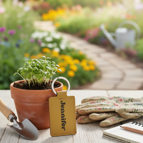 Mustard keychain up against potted plant with gardening tools in the background