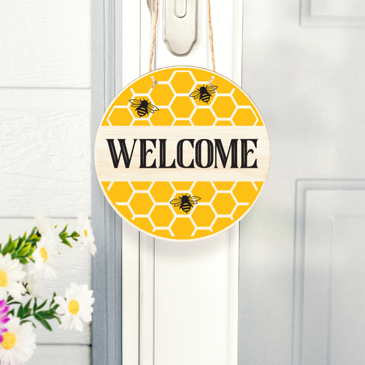 Honeycomb Welcome Sign – Bee & Hive Theme Door Decor – Farmhouse Porch Style