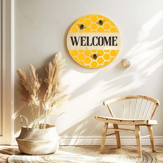 Honeycomb Welcome Sign – Bee & Hive Theme Door Decor – Farmhouse Porch Style