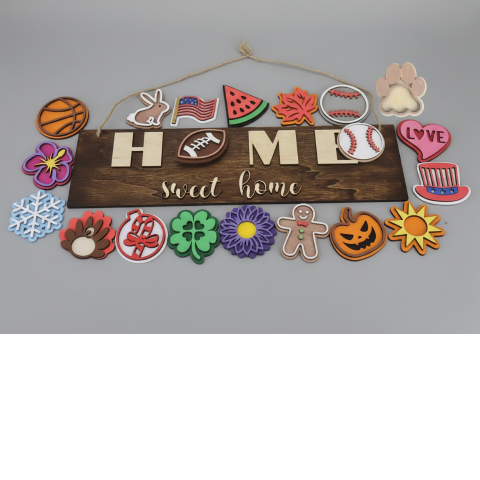 Home Sweet Home Interchangeable Seasonal Door Sign – 19 Decorative Icons Set