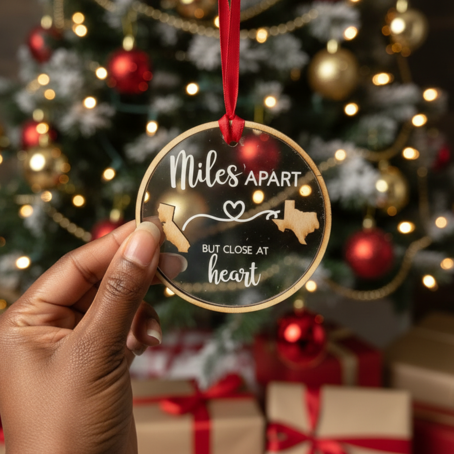 “Miles Apart, Close at Heart” Personalized Long-Distance Christmas Ornament | Custom State Map Keepsake
