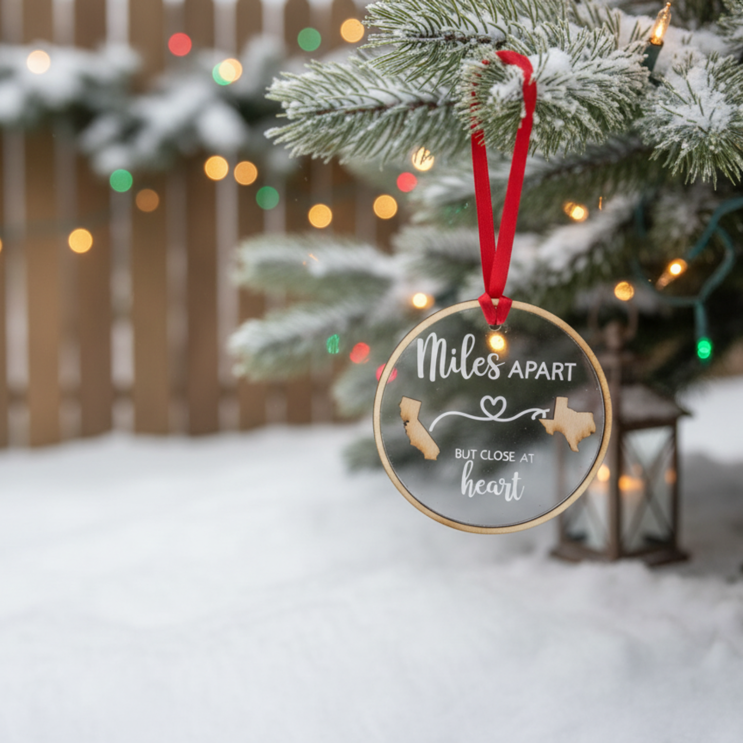 “Miles Apart, Close at Heart” Personalized Long-Distance Christmas Ornament | Custom State Map Keepsake