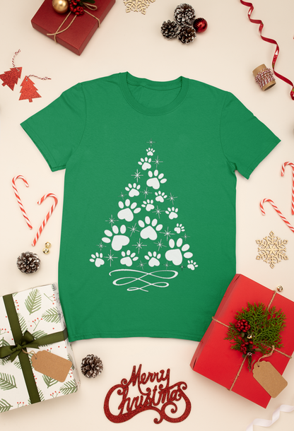 Paw Print Christmas Tree Shirt | Pet Lover Holiday Tee | Dog & Cat Mom Christmas T-Shirt