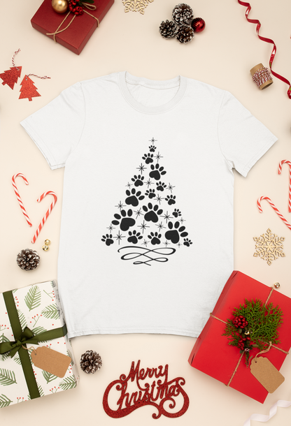 Paw Print Christmas Tree Shirt | Pet Lover Holiday Tee | Dog & Cat Mom Christmas T-Shirt
