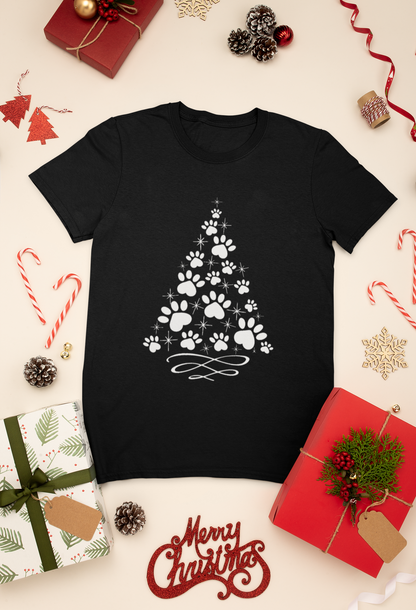 Paw Print Christmas Tree Shirt | Pet Lover Holiday Tee | Dog & Cat Mom Christmas T-Shirt