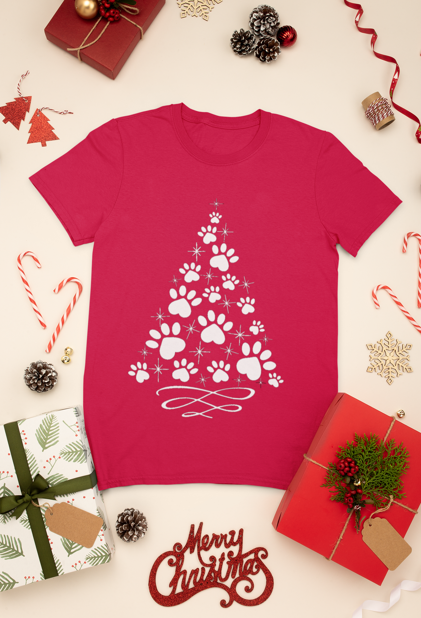 Paw Print Christmas Tree Shirt | Pet Lover Holiday Tee | Dog & Cat Mom Christmas T-Shirt