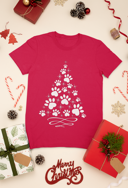 Paw Print Christmas Tree Shirt | Pet Lover Holiday Tee | Dog & Cat Mom Christmas T-Shirt