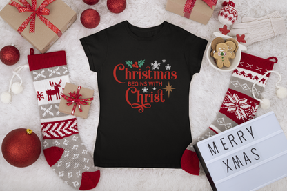 Christmas Begins with Christ Shirt | Faith-Based Holiday Tee | Christian Christmas Graphic T-Shirt