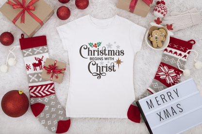 Christmas Begins with Christ Shirt | Faith-Based Holiday Tee | Christian Christmas Graphic T-Shirt