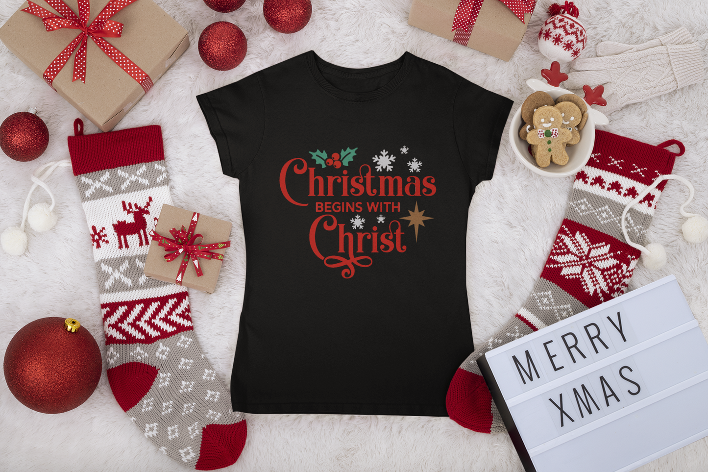 Christmas Begins with Christ Shirt | Faith-Based Holiday Tee | Christian Christmas Graphic T-Shirt