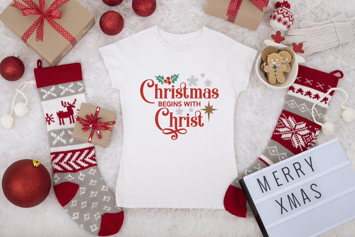 Christmas Begins with Christ Shirt | Faith-Based Holiday Tee | Christian Christmas Graphic T-Shirt