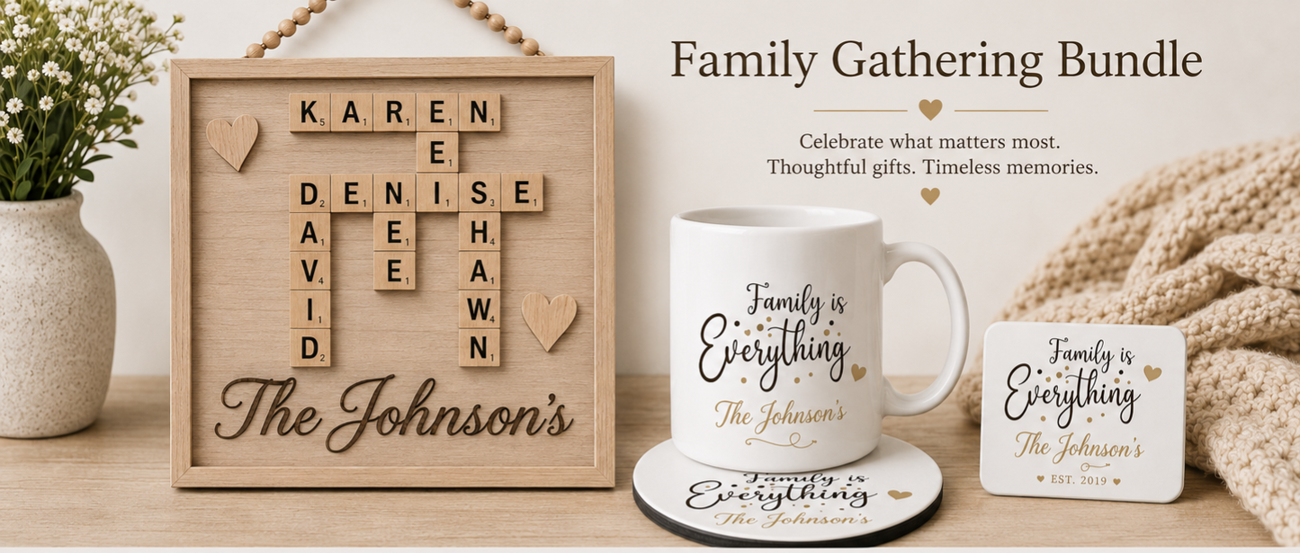 Family Gathering Bundle – Personalized Family Wall Art, Mug, Coaster & Magnet Gift Set
