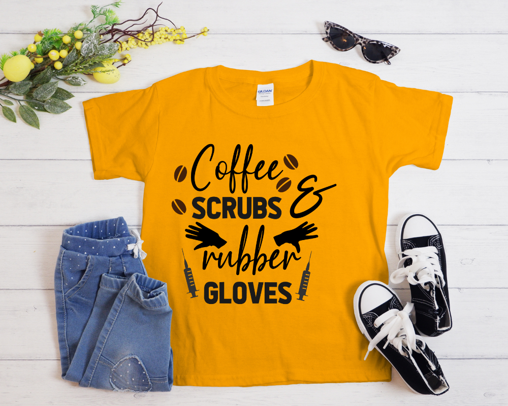 Coffee, Scrubs & Rubber Gloves Shirt | Funny Nurse Life Tee | Healthcare Worker Gift