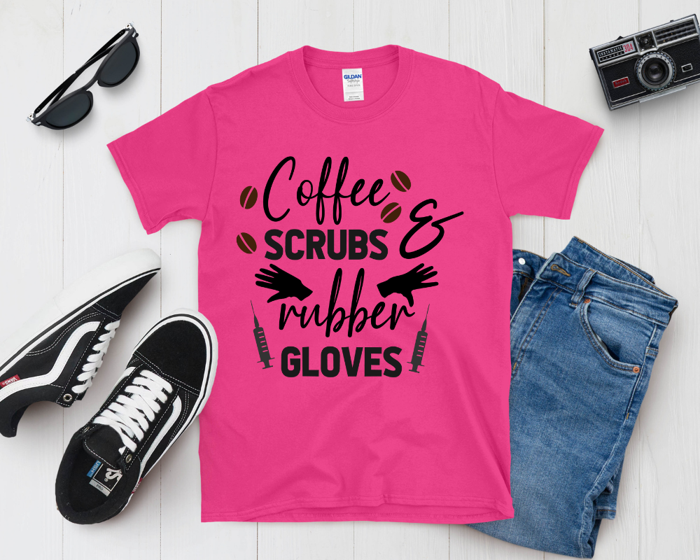 Coffee, Scrubs & Rubber Gloves Shirt | Funny Nurse Life Tee | Healthcare Worker Gift