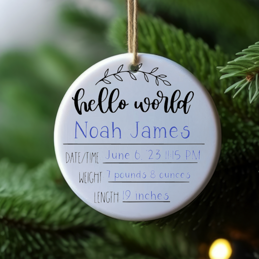 Personalized Hello World Baby Ornament | Newborn Birth Announcement Keepsake | Custom Name, Date & Stats Ornament