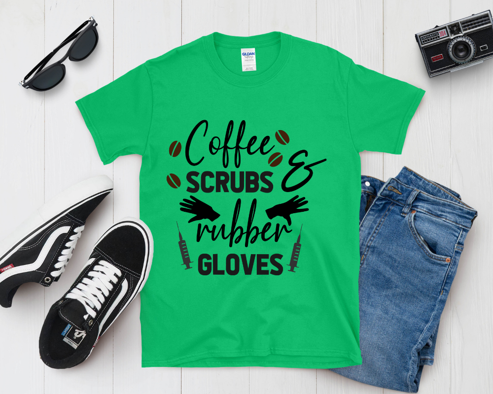 Coffee, Scrubs & Rubber Gloves Shirt | Funny Nurse Life Tee | Healthcare Worker Gift
