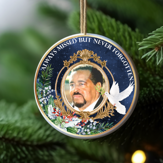 Always Missed But Never Forgotten Memorial Ornament – Personalized Photo Keepsake (Gold or Blue)