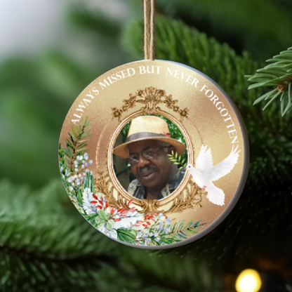 Always Missed But Never Forgotten Memorial Ornament – Personalized Photo Keepsake (Gold or Blue)