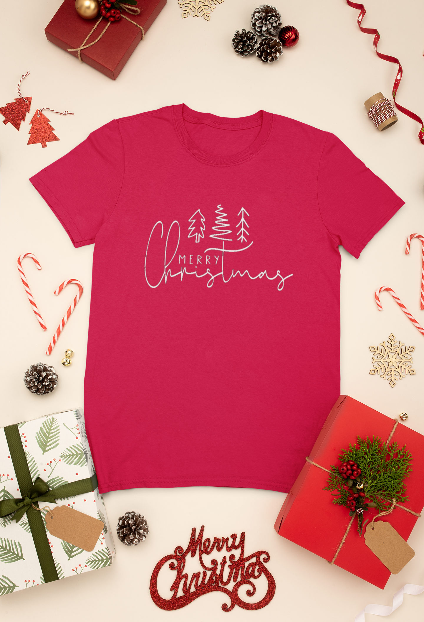 Merry Christmas Tree Shirt | Minimalist Holiday Graphic Tee | Simple Christmas Line Art T-Shirt