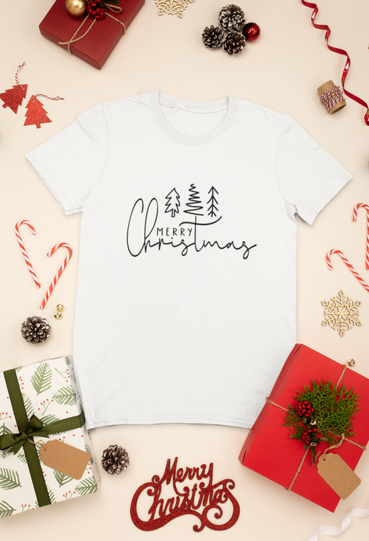 Merry Christmas Tree Shirt | Minimalist Holiday Graphic Tee | Simple Christmas Line Art T-Shirt