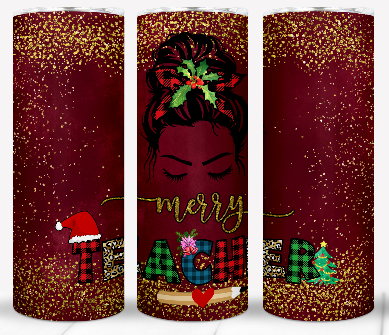 Merry Teacher Christmas Tumbler – 20 oz Skinny with Messy Bun & Plaid Letters | Holiday Gift for Teachers