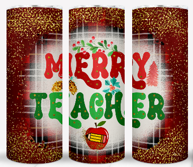 Merry Teacher Christmas Tumbler – 20 oz Skinny, Holiday Gift for Teachers | Glitter Red Plaid Design