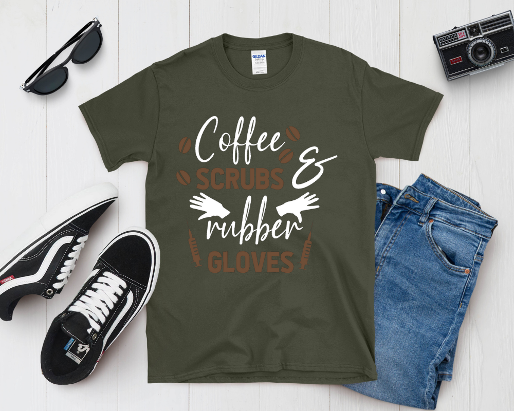 Coffee, Scrubs & Rubber Gloves Shirt | Funny Nurse Life Tee | Healthcare Worker Gift