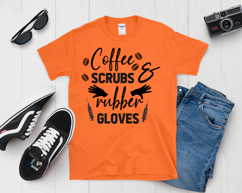 Coffee, Scrubs & Rubber Gloves Shirt | Funny Nurse Life Tee | Healthcare Worker Gift