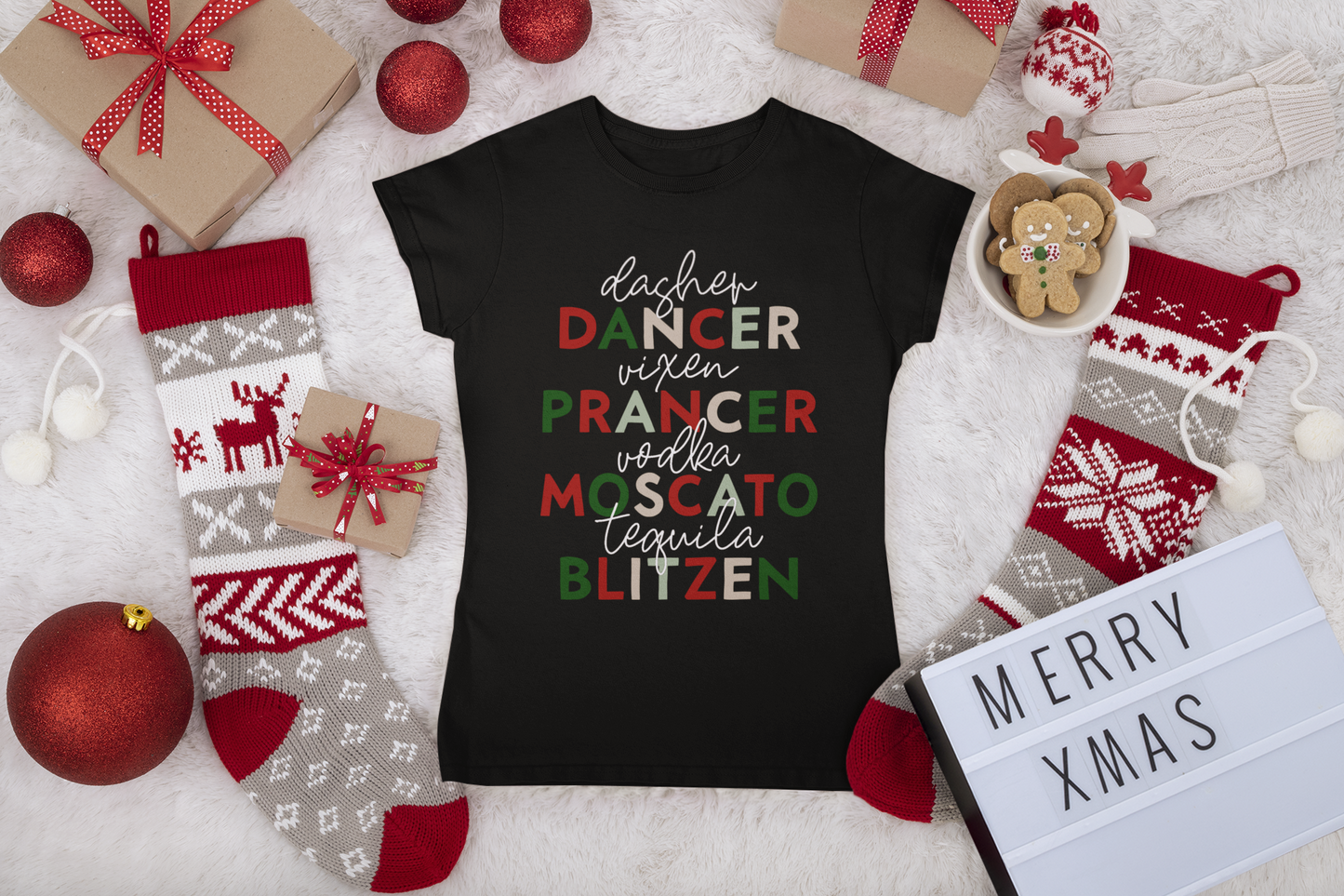 Reindeer Names Christmas Shirt | Funny Holiday Drinking Tee | Moscato, Vodka, Tequila & Blitzen