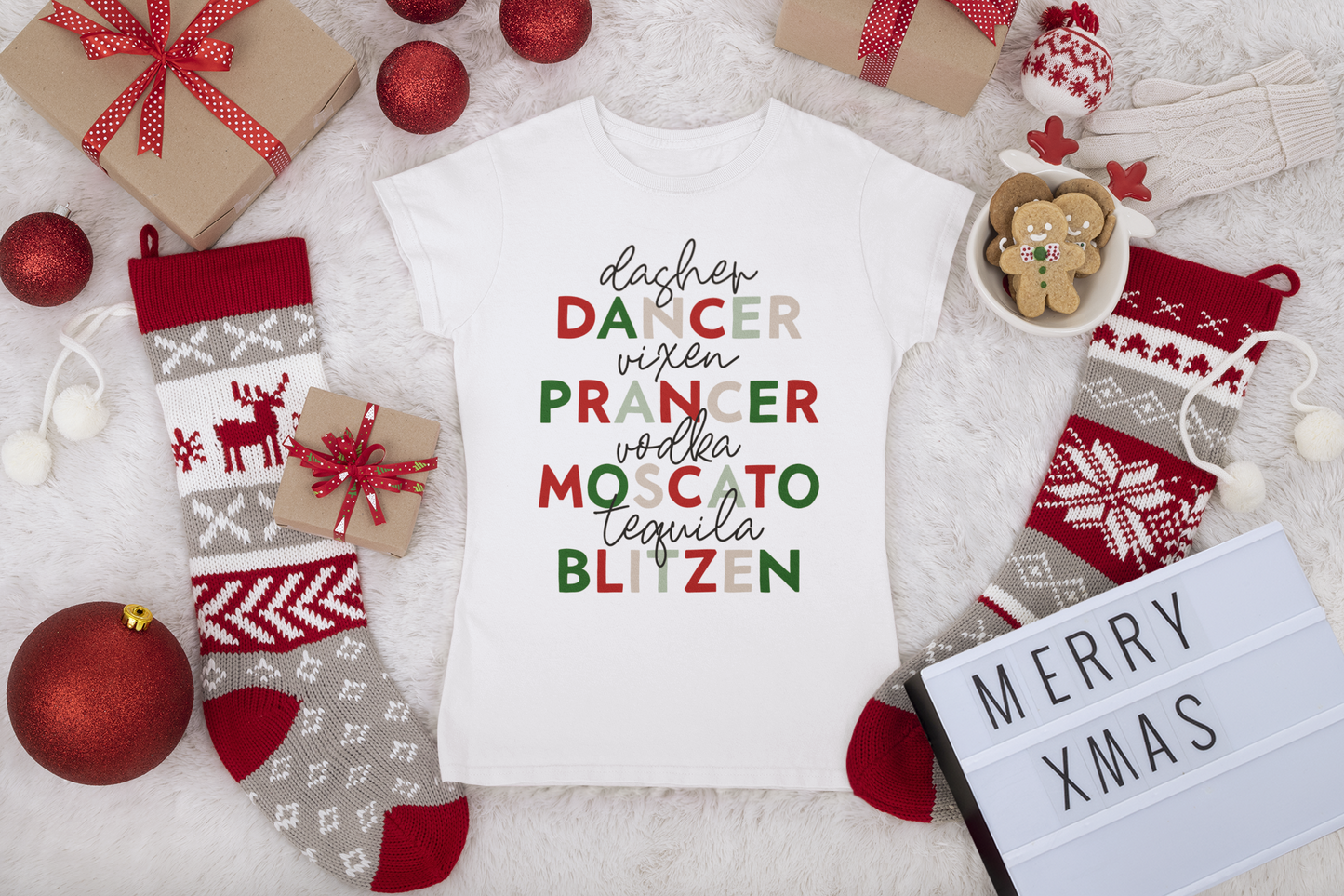Reindeer Names Christmas Shirt | Funny Holiday Drinking Tee | Moscato, Vodka, Tequila & Blitzen