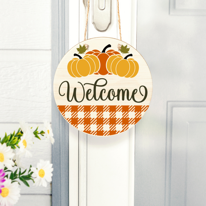 Pumpkin Welcome Door Sign – Fall Porch Decor – Autumn Harvest Entryway Sign
