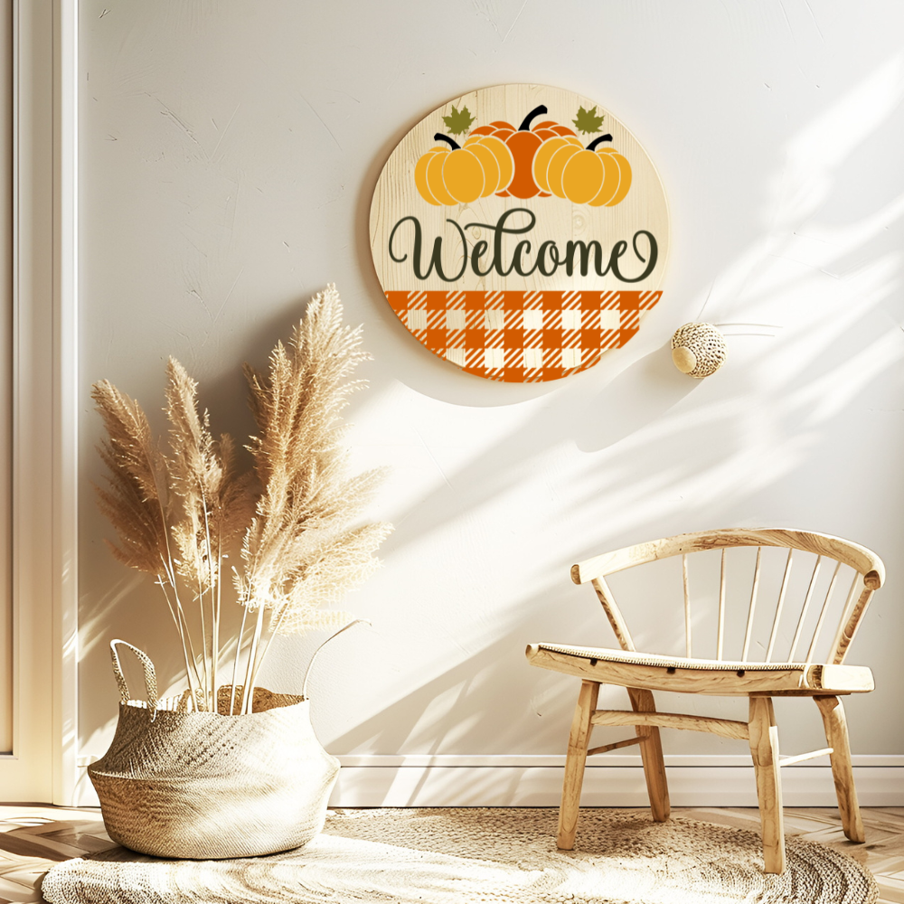 Pumpkin Welcome Door Sign – Fall Porch Decor – Autumn Harvest Entryway Sign