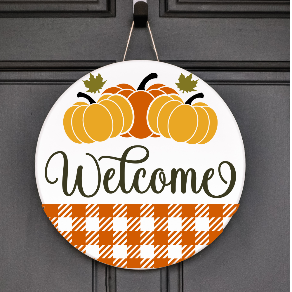Pumpkin Welcome Door Sign – Fall Porch Decor – Autumn Harvest Entryway Sign