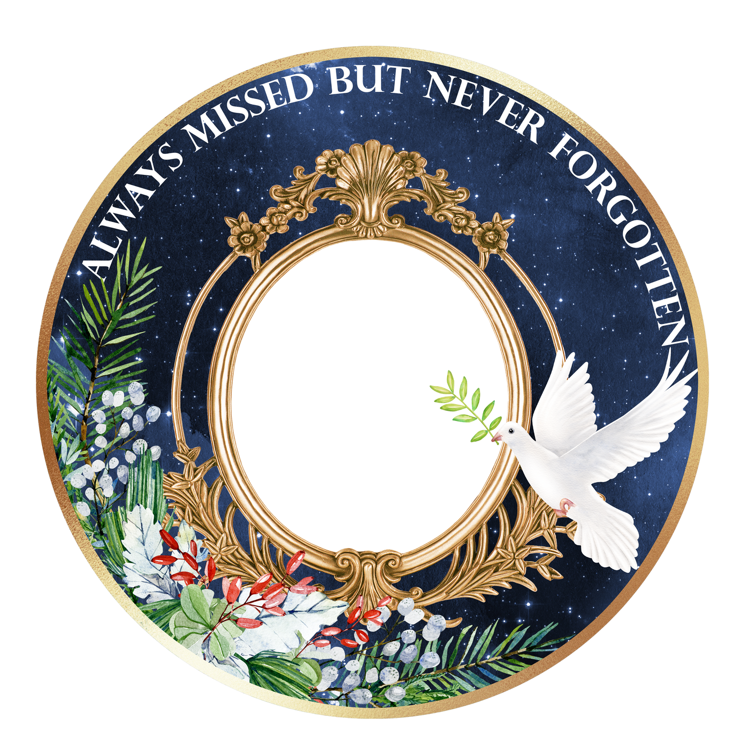 Always Missed But Never Forgotten Memorial Ornament – Personalized Photo Keepsake (Gold or Blue)